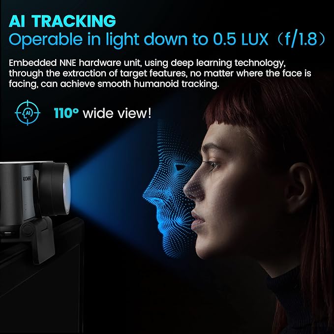 4K Webcam with Remote, RC16 Computer Camera with Microphone,1080p 60fps FHD,AI Tracking,Privacy Cover, WDR,110°FOV,8X Digital Zoom,Streaming Camera for PC/Meeting/Teaching/Zoom