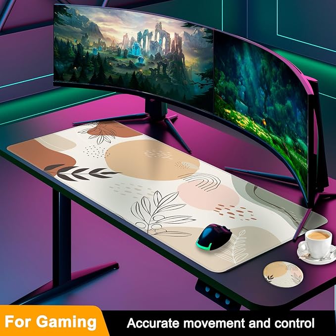 Large Gaming Mouse Pad with Coaster, Desk Matt for Desktop, Desk Pad, Mouse Pads Mat, Stitched Edges Big Extended Mousepad for Computer Keyboard Laptop Office Decor, 31.5'' x15.6''-Boho Style