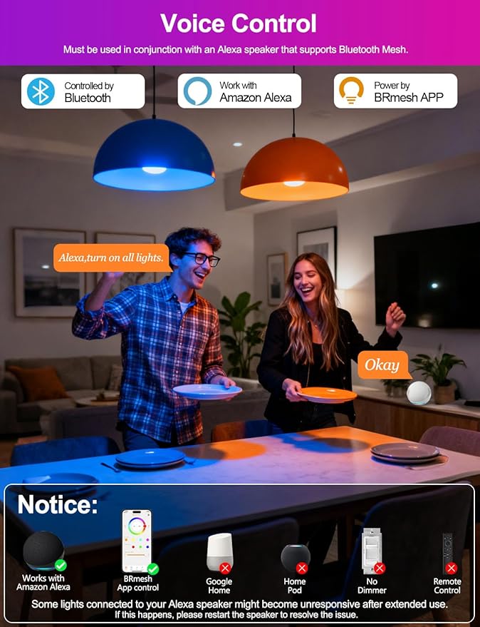 ILC Alexa Light Bulbs (120 Watt Equivalent) Smart Light Bulbs Compatible with Alexa Only, 1200 Lumens, Color Changing, Color Temperature Tunable 2700K-6000K(6 Pack)
