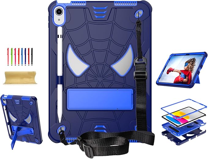 Dteck for iPad Air (3rd Generation) 2019/iPad Pro (2017 Release) Hard Shell Case 10.5" with Kickstand, Shoulder Strap/Screen Protector Film/Stylus Included, Shockproof Cute Spider Kid's Cover, Blue