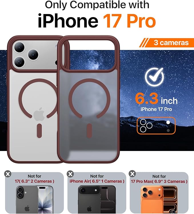 Magnetic for iPhone 17 Pro Case,[Anti-Slip][Compatible with MagSafe][Military Grade Drop Protection] Shockproof Protective Translucent Matte Phone Case for iPhone 17 Pro Case,Wine Red