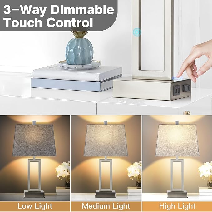 Rinweey 23.5" Touch Control Table Lamps Set of 2, Modern Silver Bedside Lamps with USB A+C Ports & AC Outlet, 3 Way Dimmable Contemporary Nightstand Lamps for Bedroom Living Room(2 LED Bulb Included)