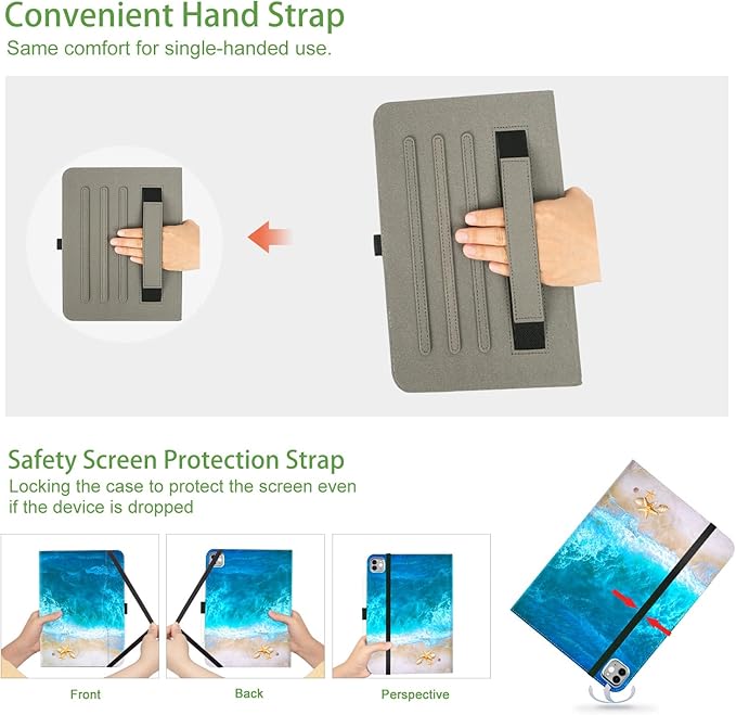 Vimorco for iPad Air M4/M3/M2 11 Inch Case 2026/2025/2024, for iPad Air 5th/4th Gen Cases 10.9-inch, for iPad Pro 11 Inch Case 4th/3rd/2nd/1st Generation Pencil Holder/Hand Strap/Pocket, Ocean Beach