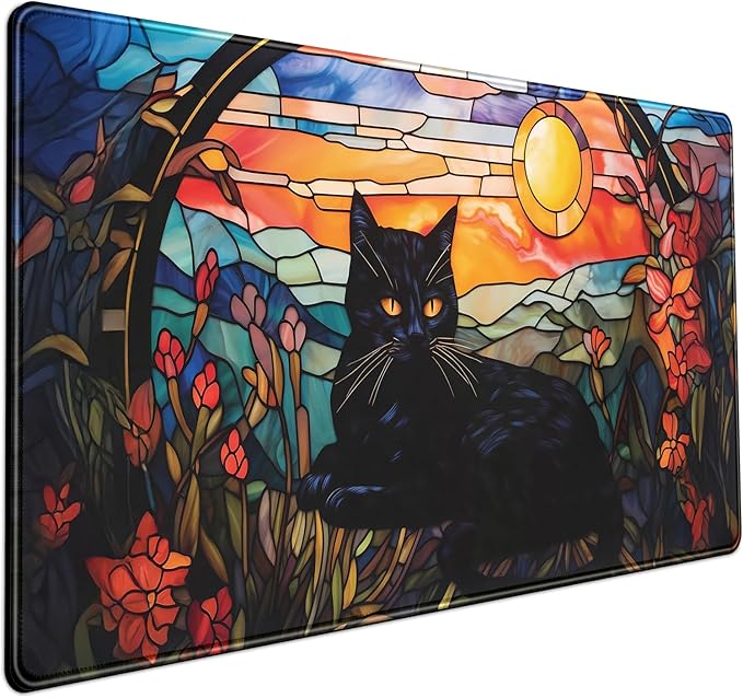 Mechanical Cattle Black Cat Desk Mat Vintage Sunset XXL Large Mouse Pad Laptop Desk Mousepad with Stitched Edges, Keyboard Pad Mouse Mat for Work Game Office Desk Accessories 31.5x15.7 in