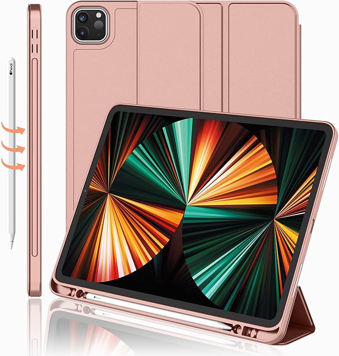 iMieet New iPad Pro 12.9 Case 2022(6th Gen)/2021(5th Gen) with Pencil Holder [Support iPad 2nd Pencil Charging/Pair],Trifold Stand Smart Case with Soft TPU Back,Auto Wake/Sleep(Rose Gold)