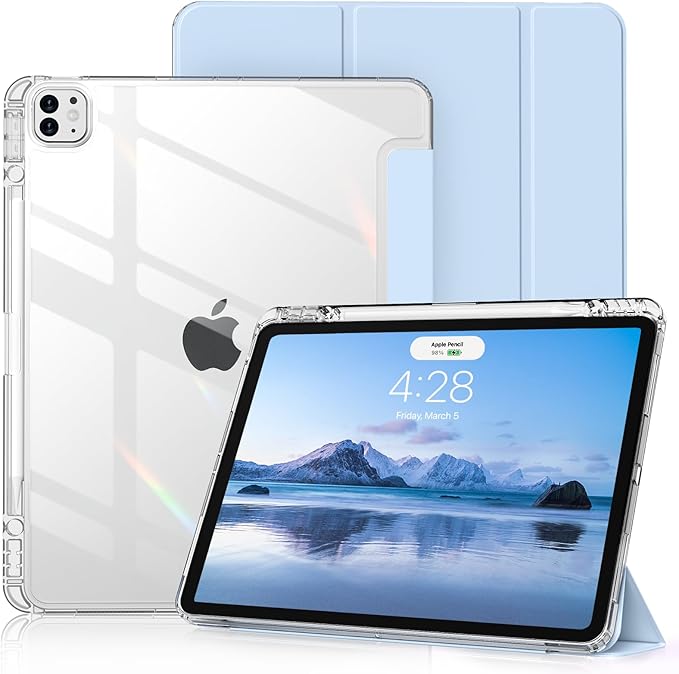 Clear Case for iPad Pro 12.9 inch 6th/5th/4th/3rd Gen with Pencil Holder [Support Pencil Charging] Auto Wake/Sleep, Lightweight Shockproof Trifold Stand Transparent Hard PC Back Cover, Blue