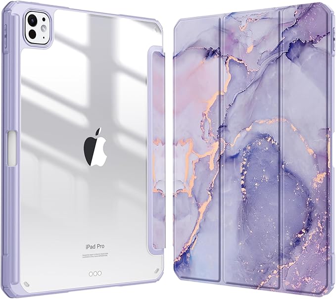 Fintie Hybrid Slim Case for iPad Pro 11-inch (M5) 2025 / (M4) 2024 - [Built-in Pencil Holder] Shockproof Protective Cover with Clear Transparent Back Shell, Lilac Marble