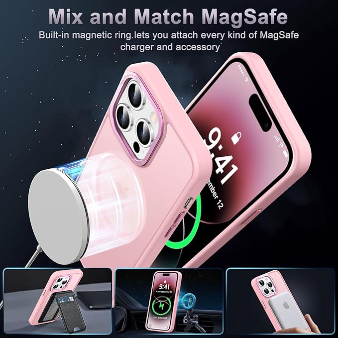 Newfuture Designed for iPhone 14 Pro Max Case with Magnetic [13 FT Military Drop Protection] [Compatible with Magsafe] Slim Translucent Matte Shockproof with Anti-Fingerprint Phone Case, Tender Pink