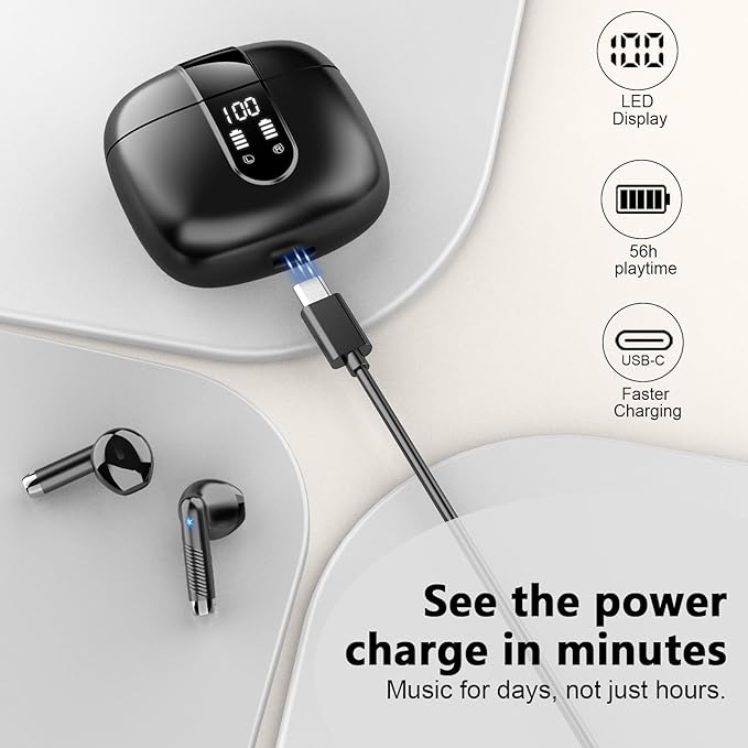 Drsaec Wireless Earbuds, Bluetooth Headphones Stereo Bass Ear Buds with ENC Noise Cancelling Mics, Earbuds with LED Display Charging Case, IP7 Waterproof Earphones for Android iOS