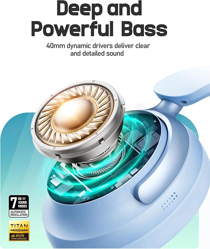 Picun NC60 Hybrid Active Noise Cancelling Headphones, Foldable Wireless Over Ear Bluetooth 5.4 Headphones, 80H Playtime, Transparency Mode, Stereo Bass, Custom EQ via App for Travel Home Lake Blue