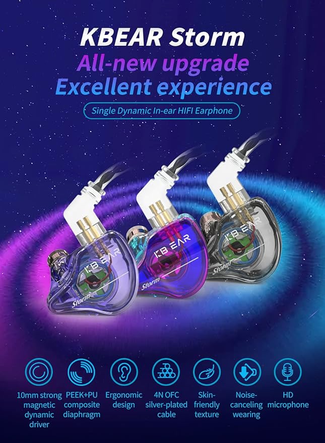YINYOO KBEAR Storm Professional in Ear Monitor Earphones for Singers Drummers Musicians Bassists, Custom Wired Earbuds in Ear Headphones IEM, Hi Res Detachable OFC Silver-Plated Cable