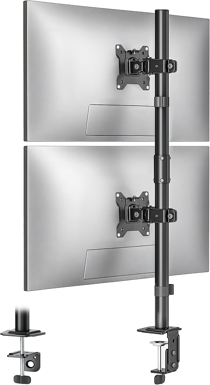 monTEK Stable Vertical Dual Monitor Mount, Stacked Desk Stand for Two 17-32 inch Screens, Full Motion Arm with Tilt, Swivel, Rotation, Supports 22 lbs per Side, C-Clamp/Grommet Base, VESA 100×100mm