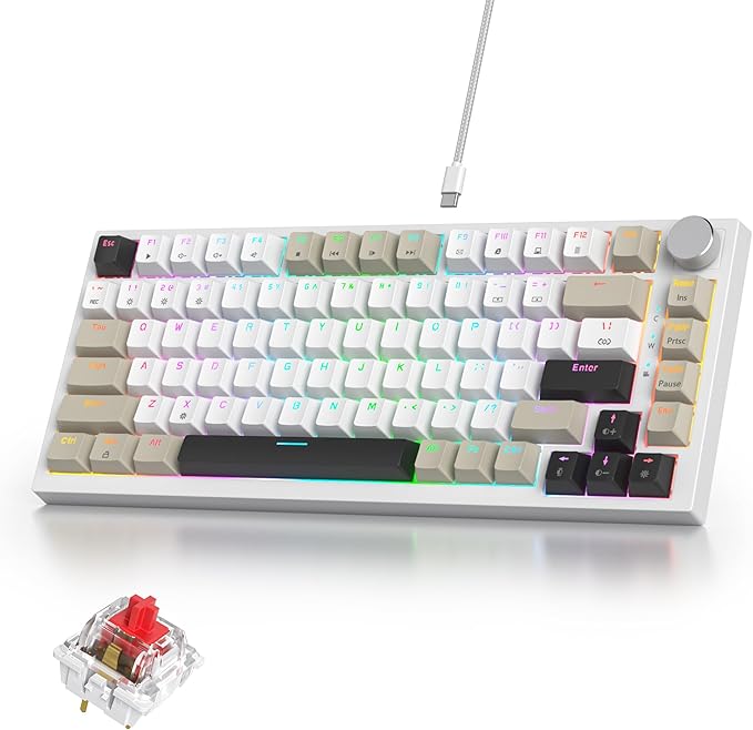 75% Mechanical Gaming Keyboard with Volumn Knob, Gasket Hot Swappable RGB, Wired, Red Switch, 82 Keys Compact Creamy (Black Grey)