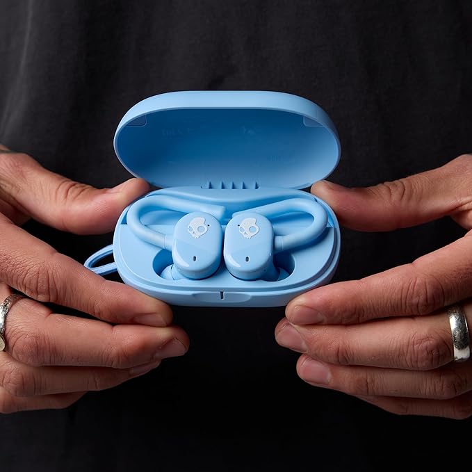 Skullcandy Push Play Active Wireless Earbuds, Bluetooth Headphones, Noise Isolating Fit, 34 Hrs Battery, Secure-Fit Over-Ear Hanger, Sweat Water Resistant, Microphone for iPhone Android - Preppy Blue