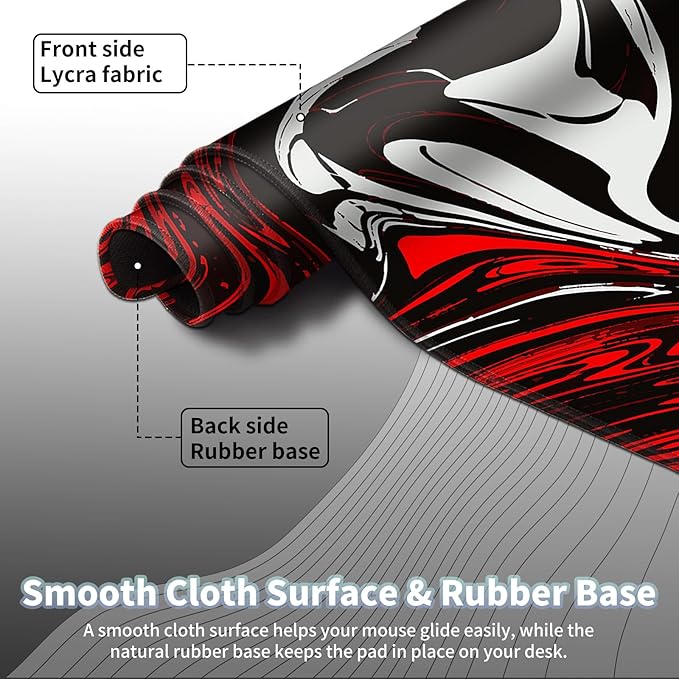 Gaming Mouse Pad, Red and Black Swirl Big Desk Pad for Keyboard and Mouse, Extended 35.5" X 15.75" In Computer Keyboard Mouse Mat 3mm Thick XXL Rubber Mousepad for Laptop Gamer, Fluid Marble