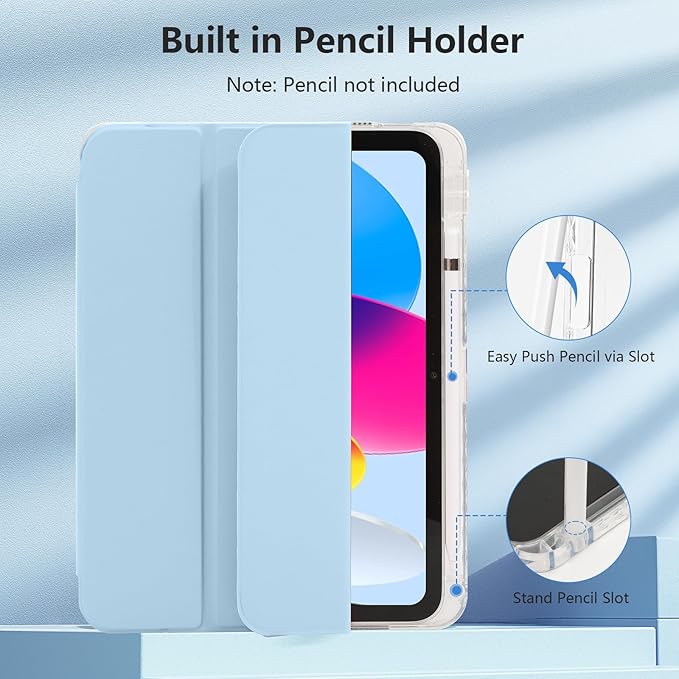 Case for iPad A16 11th Generation 11 Inch 2025, iPad 10th Generation 10.9 Inch 2022, Hybrid Protective Cover with Pencil Holder, Clear Transparent Back Shell Anti-Yellowing Case, Light Blue