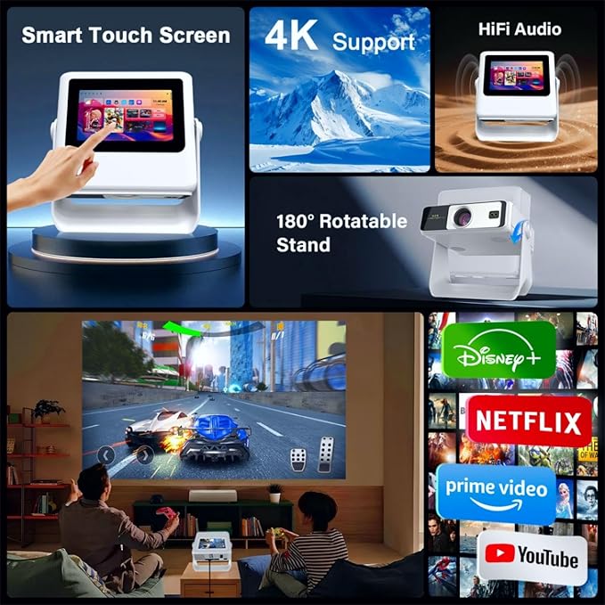 4K Support Native 1080P Touch Screen Projector with WiFi Bluetooth, Auto Focus Smart Portable Game Projector, Built-in Apps Mini Outdoor Movie Projector for Bedroom Home Theater