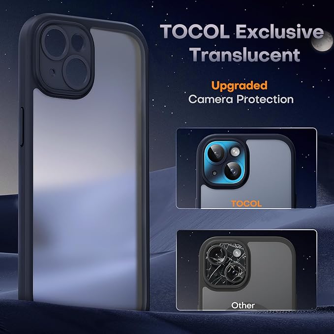 TOCOL for iPhone 15 Case, Upgraded Full Camera Protection, Rugged Phone Case for iPhone 15 6.1 Inch, Non-Slip, Drop Protection, Anti-Scratch, Dark Black