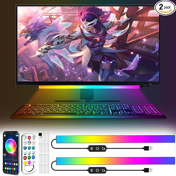 KANTUTOE Under Monitor Light Bar, App and Remote Control Gaming Ambient Lights,Music Sync Color Changing, 16 Million Colors, Timing, USB Powered RGB Light Bar for Monitor/TV/PC Back (2pcs)