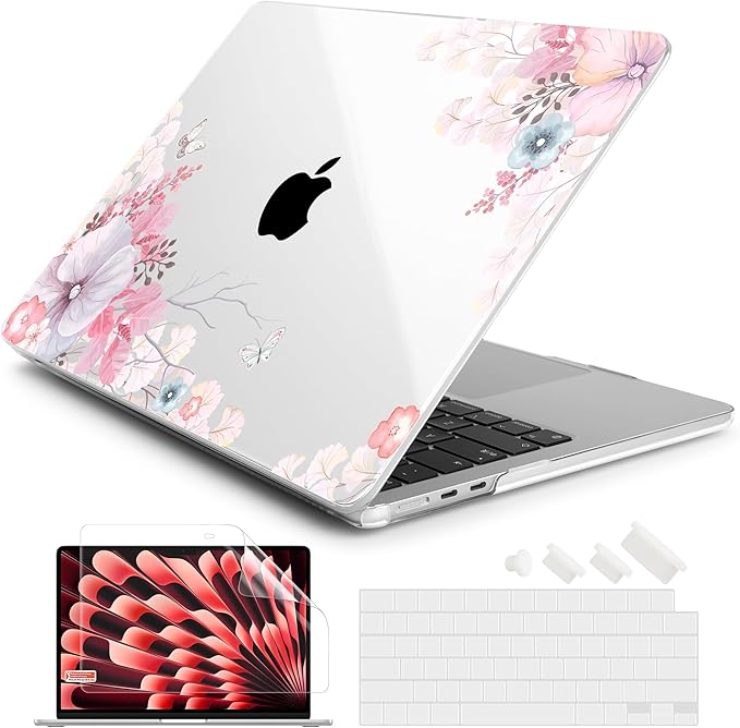 Batianda Premium Case for New MacBook Air 15 inch with M5 M4 M3 M2 Chip 2026 2025 2024 2023 Release, Designed Ultra-Slim Hardshell & Keyboard Cover & Screen Protector 4-in-1 Bundle, Lovely Flower