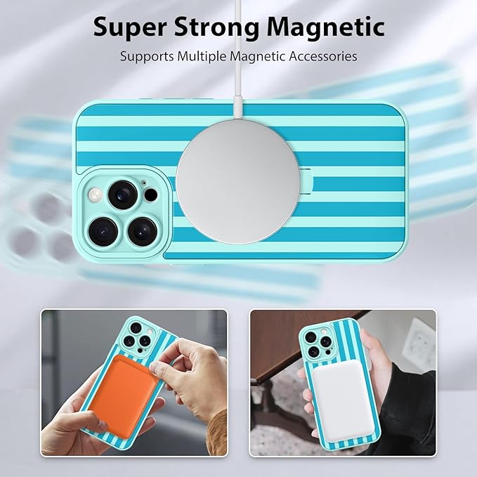 KANGHAR Compatible with iPhone 15 Pro Case, Support for MagSafe, Silicone Stripes Cute Pattern, Wristband Kickstand Camera Protection Soft Slim Cover for Girls Women -Blue
