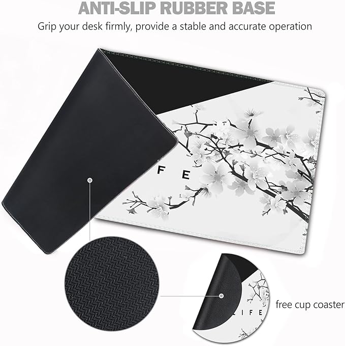 AIMSA Extended Gaming Mouse Pad, XL Large Keyboard Mouse Mat Desk Pad with Stitched Edges, Durable Non-Slip Base Mousepad for Home Office, 35x15.7inch, Black White Cherry Blossom