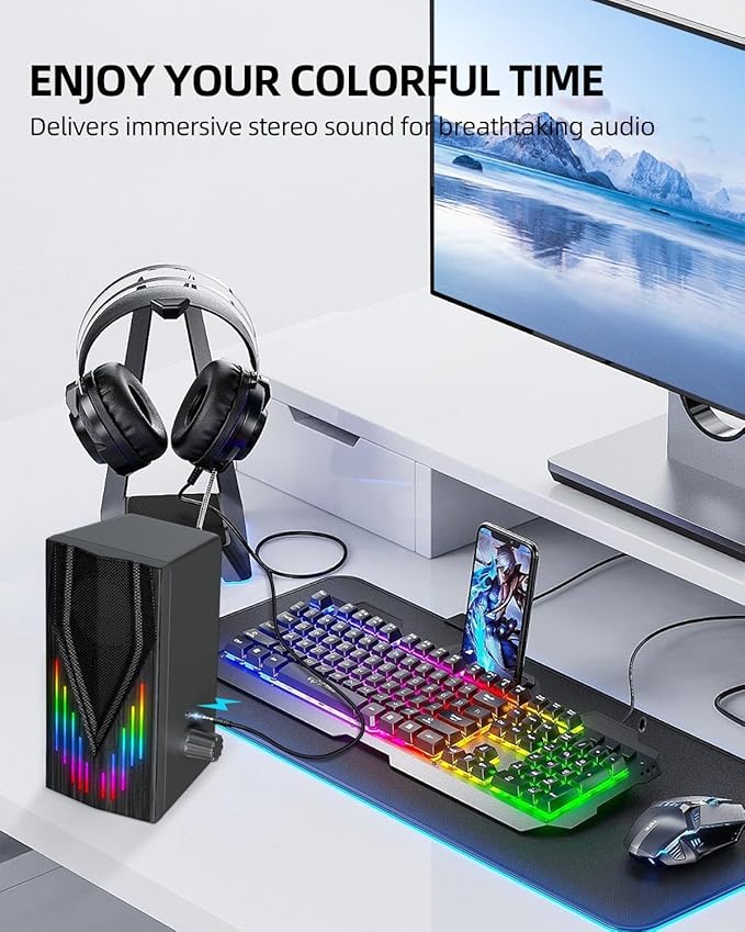 Uakinat Computer Speakers with 6 Colorful RGB Lights,USB Powered 3.5mm Aux with Loud Stereo Sound,Headphone-in for Desktop,PC/Laptop/Tablet Phone