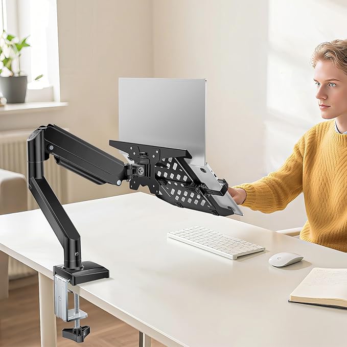 WALI Single Arm Laptop and Monitor Desk Mount for 17" Notebook and Up to 32" Screen, 2-in-1 Adjustable Monitor Arm with Laptop Tray, VESA 75x75 100x100,Holds 22-26.4 lbs, Black (GSMP001NLP)