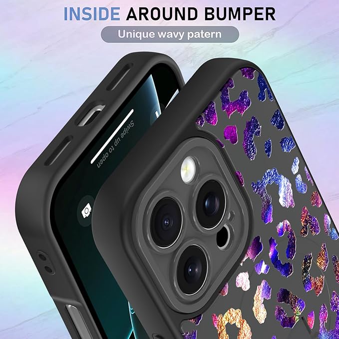KANGHAR Compatible with iPhone 16 Pro Max Case, Support for MagSafe, Silicone Cute Iridescent Leopard Cheetah Pattern, Wristband Kickstand Shockproof Protective Slim Cover for Women Girls, Black