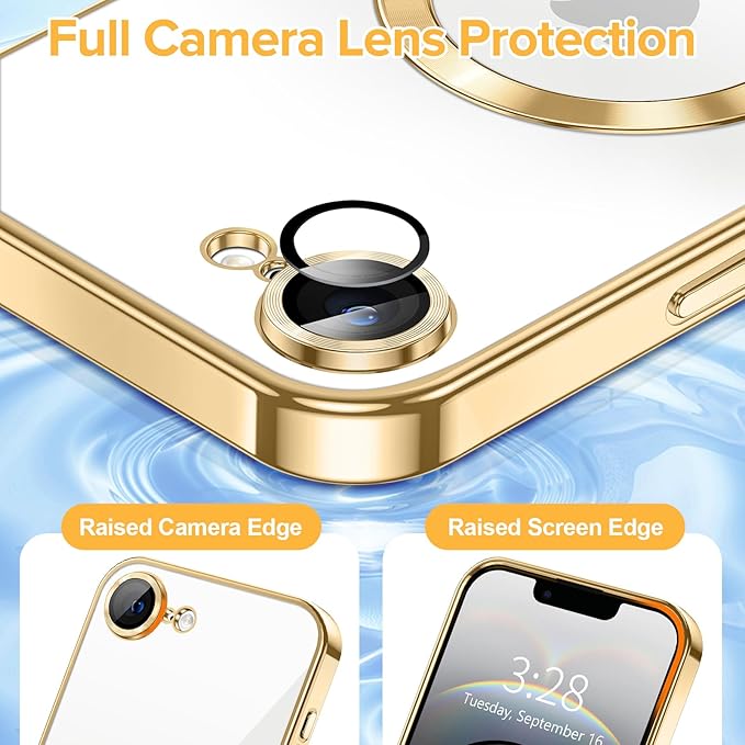 Hython Magnetic Clear for iPhone 16e Case with Camera Lens Protector [Compatible with MagSafe] Luxury Plating Edge Slim Soft TPU Cover Protective Phone Case for iPhone 16e 6.1", Gold