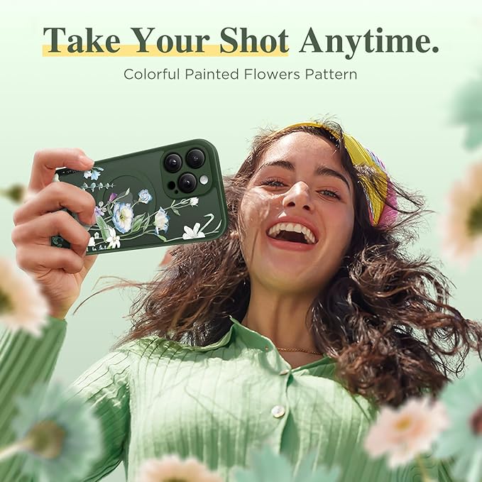 GVIEWIN for iPhone 16 Pro Max Case Compatible with MagSafe, [Military Grade Protection] [Screen Protector] Full Camera Protection Floral Translucent Women Magnetic Phone Case, Aquilegia/Forest Green