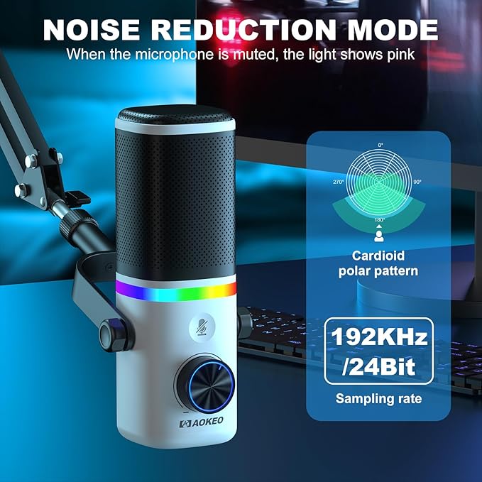 Aokeo AK-10 USB Gaming Microphone Wtih AK-35 Arm, Condenser Microphone for PC/MAC/PS4/PS5/Phone-Cardioid Mic with RGB Lighting
