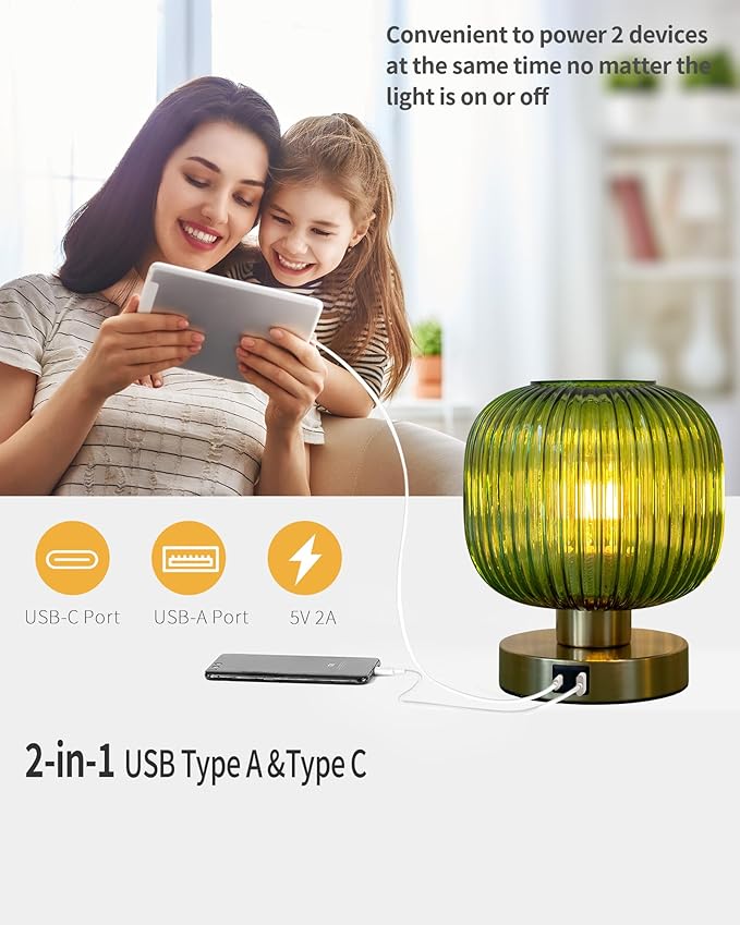 Elenhome Touch Control Small Table Lamp Set of 2, Elegant Green Glass Bedside Lamp 3 Way Dimmable with USB C+A Charging Ports - Bedroom Nightstand & Living Room Essential, 4W Bulb Included