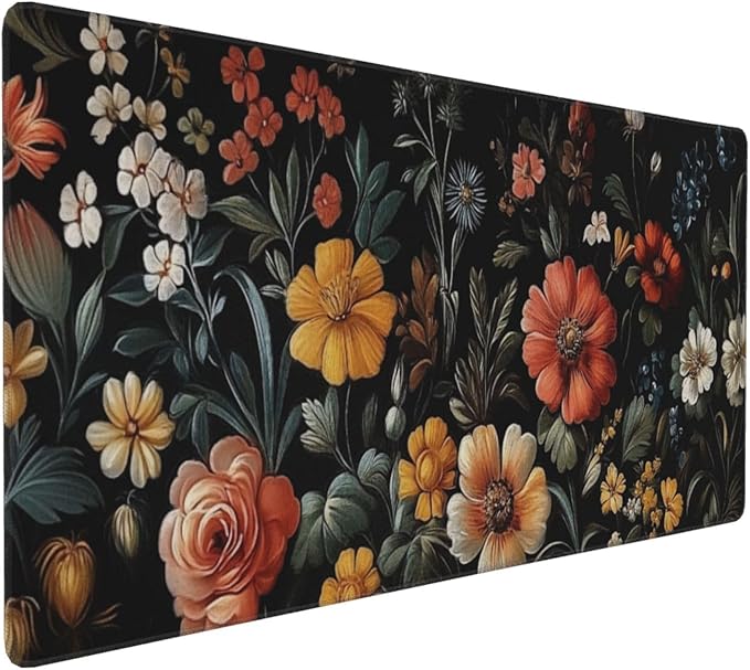 Floral Mouse Mat Vintage Aesthetic Flower Plant Black Extended Mouse Pad Large Gaming Mousepad Wildflower Mousepad Laptop Computer Keyboard Mat Cute Desk Mat for Desktop Office Supplies 35.4"x15.7"