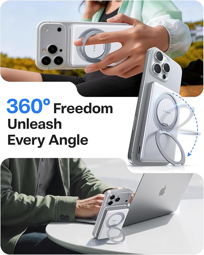 TORRAS Ostand Minimag 10000mAh Magnetic Portable Charger, 360° Rotatable Stand, 15W Wireless & 22.5W PD Fast Charging Battery Pack for iPhone 17/16/15/14, Pro Max, Plus, AirPods - White