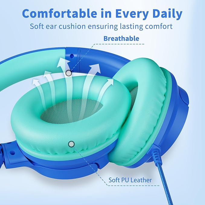 Botesty Sound Wired Headphones with Microphone, Over Ear 3.5mm Plug in Headphones with 4.9ft Tangle-Free Nylon Cord for Tablet, Laptop, MP3/4, School, Airplane Travel (Blue)