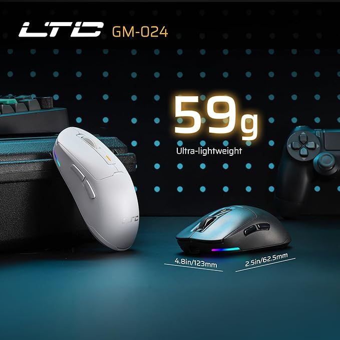LTC GM024 Tri-Mode Wireless Gaming Mouse, 59g Ultra-Light Ergonomic Gaming Mouse 2.4Ghz/BT/Wired, 6-Level DPI 8000 Max, 1000Hz, 5 Programmable Buttons, Pro Software