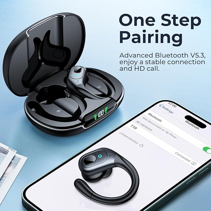 occiam Active Noise Cancelling Earbuds Wireless Bluetooth Headphones Ear Buds 90Hrs Playback Stereo Bass Earphones with Mic Over-Ear Hooks IPX7 Waterproof Headset for Work Sports Running Matte Black