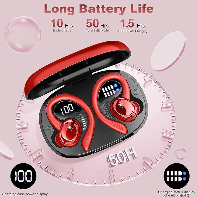 Hupoaf Wireless Earbuds Sport, NEW Bluetooth 5.4 Headphones with Earhooks, 50H Stereo Deep Bass Over Ear Buds with 4 ENC Noise Canceling Mics, IP7 Waterproof Earphones for Running Workout Gym -Red