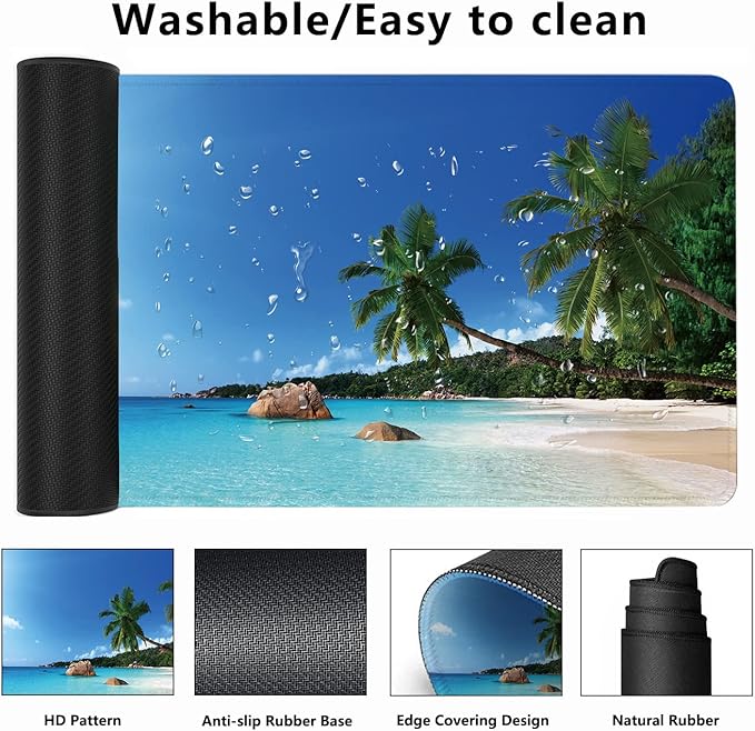 Ocean Desk Mat,ANSE Lazio Beach at Praslin Island Extended Gaming Mouse Pad,Large Non-Slip Rubber Base Mousepad with Stitched Edges,Waterproof Mouse Mat Desk Pad for Office Game Home 35.4x15.75 in