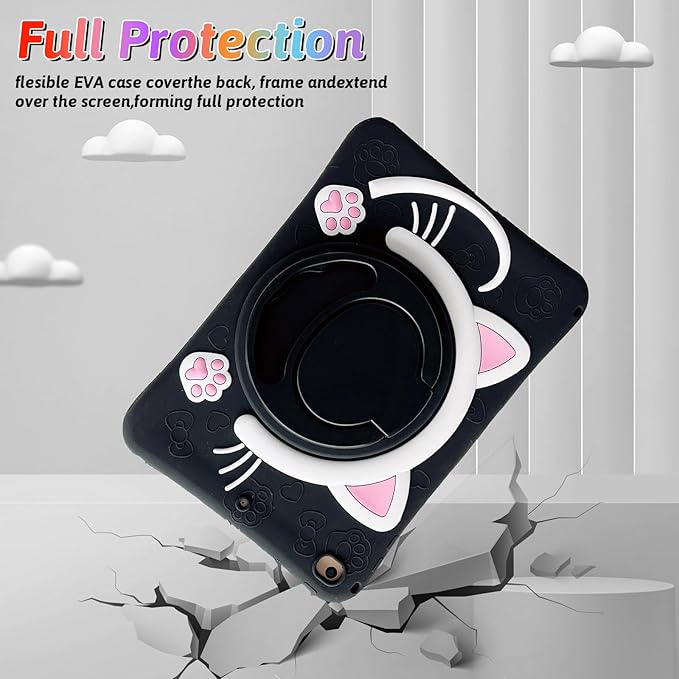 Dteck for iPad 9th/8th/7th Generation Case 10.2",Cute Cartoon Funda 3D Unique Design Light Rotating Handle Stand Shoulder Strap Soft Silicone Drop Rugged Shockproof Protective Kid-Proof Case,Black Cat