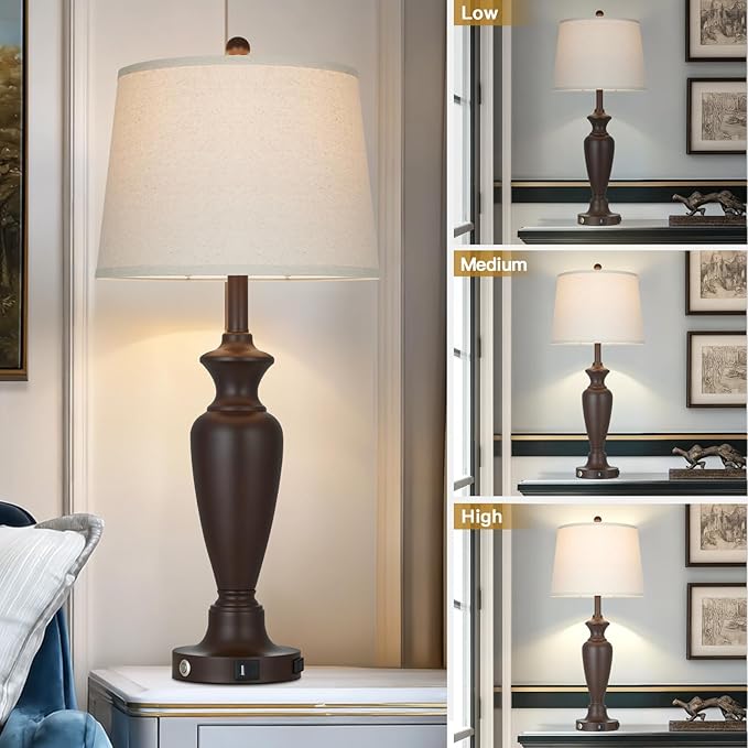 Cinyirong 30" Tall Metal Table Lamps Set of 2, Touch Control Bedside Lamps for Bedroom Nightstand, 3-Way Dimmable Farmhouse Lamp for Living Room with Charging Ports, Brown (2 LED Bulbs Included)
