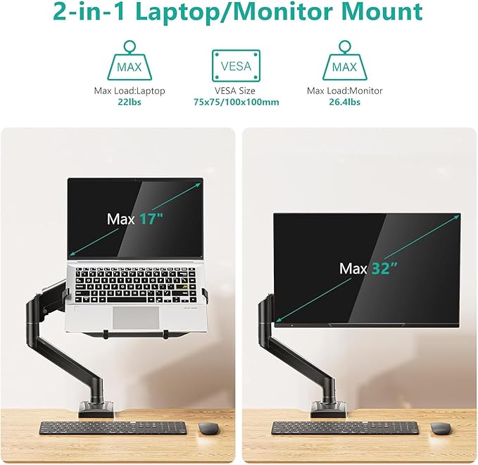 WALI Single Arm Laptop and Monitor Desk Mount for 17" Notebook and Up to 32" Screen, 2-in-1 Adjustable Monitor Arm with Laptop Tray, VESA 75x75 100x100,Holds 22-26.4 lbs, Black (GSMP001NLP)
