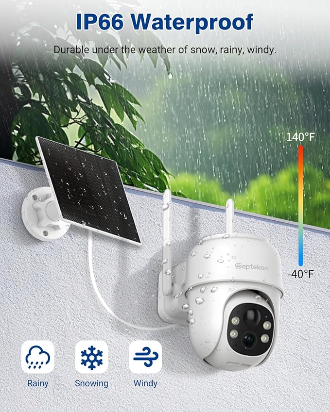 Septekon 360°PTZ Security Cameras Wireless Outdoor, Solar Battery Powered Cameras for Home Surveillance, 2K 2.4G WiFi Camera with Spotlight, Motion Detection, Siren, Color Night Vision, IP66, White