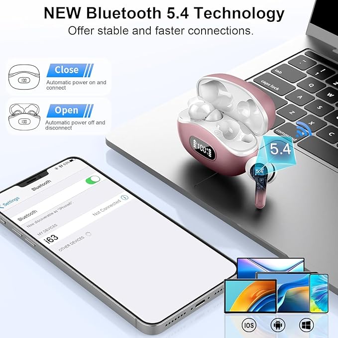Wireless Earbuds, Bluetooth Headphones 5.4 HiFi Stereo, Ear Buds with 4 ENC Noise Cancelling Mics, 48H Bluetooth Earbuds with Dual LED Display, IP7 Waterproof Earphones for Android iOS, Rose Gold