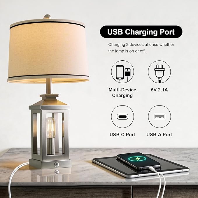 G-SAFAVA 24" Table Lamps for Living Room Bedroom Modern Metal Bedside Lamps Set of 2 Nightstand Lamp for Night Stands 3 Way Dimmable Touch Lamp with USB C+A Ports and 2 Light Sources, 4 Bulbs Includes
