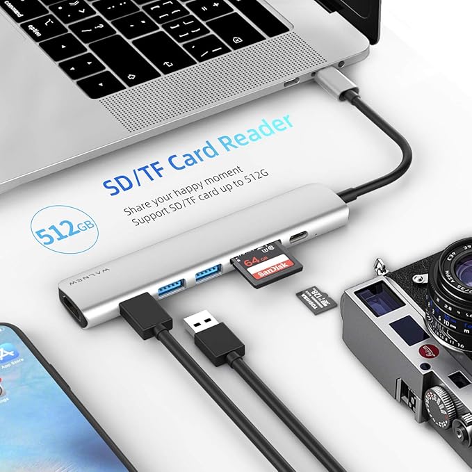 WALNEW 7-in-1 USB C Hub with 100W PD,4K HDMI,SD/TF Reader,USB 3.0, Thunderbolt 3 Dongle Multiport Adapter Type C Dock for Mac/iMac/MacBook M1 M2,iPad Pro/Air/Mini 6,Dell XPS 15 13,Chromebook Laptop