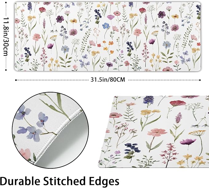 Floral Desk Mat Large Extend Mouse Pad XL Beige Boho Desk Pad 31.5x11.8 Inch Cute Minimalist Flowers Mouse Pads Flowers Esthetics Computer Laptop Mouse Mat Non-Slip for Home Office Desktop Decor