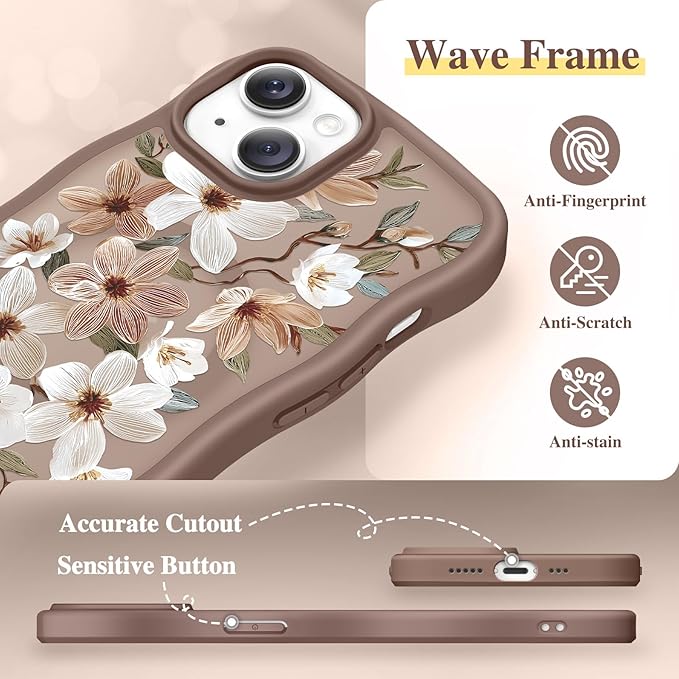 GVIEWIN Cute for iPhone 14 Case & iPhone 13 Case [Compatible with MagSafe] [Curly Wave Edge] Floral Translucent Magnetic Shockproof Protective Phone Cover for iPhone 14/13 6.1'', Dogwood/Brown