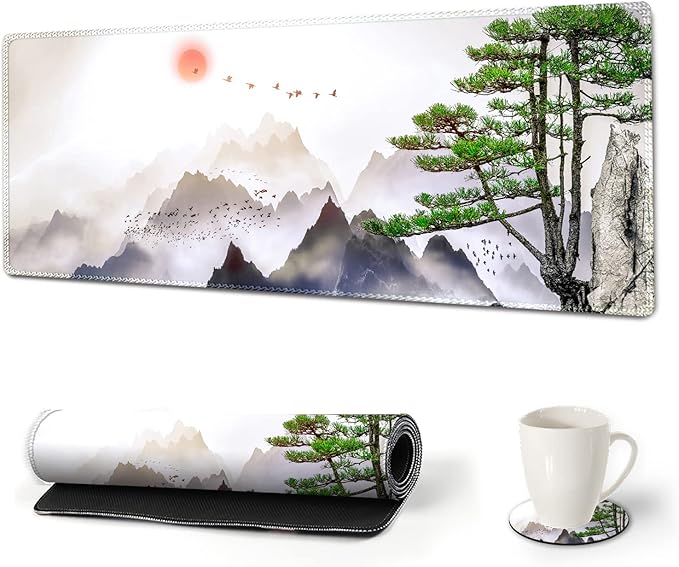 AIMSA Large Gaming Mouse Pad Extended Mouse Pad with Stitched Edge, Keyboard Mouse Mat Non-Slip Rubber Base Desk Pad 31.5x11.8 inch for Office Home Game Work, Pine Tree Mountains